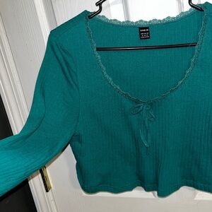Lace Trim Bow Dark Green Knit Top Emerald XL SHEIN Crop Cropped Blouse Worn Once